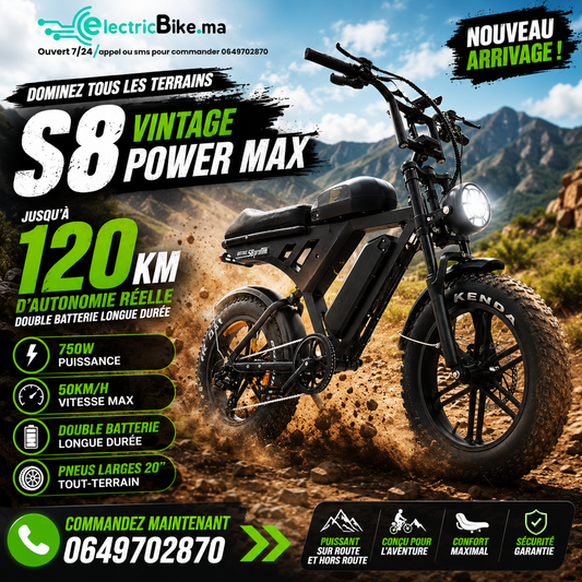 S8 Vintage Power Max – Double Batterie 120KM | 750W | 50Km/h | Autonomie Longue Durée | pneu large tout-terrain de 20 pouces.