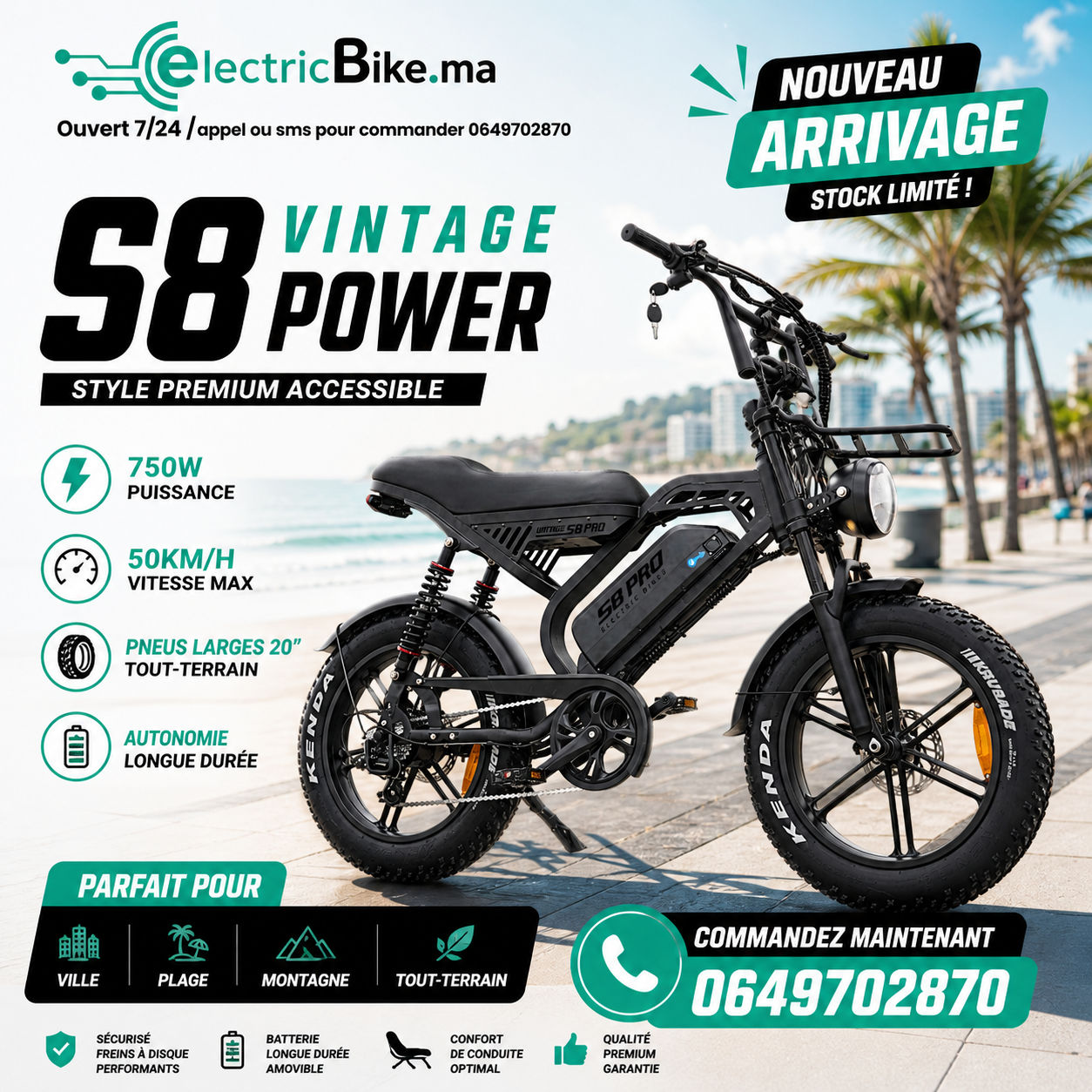 S8 Vintage Power – 750W | 50Km/h | Style Premium Accessible | pneu large tout-terrain de 20 pouces.