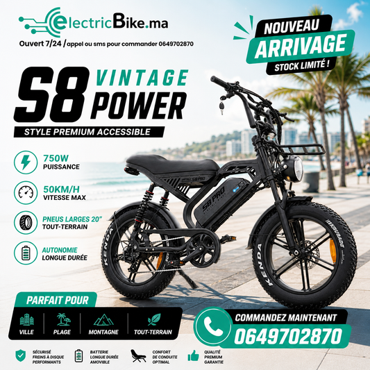 S8 Vintage Power – 750W | 50Km/h | Style Premium Accessible | pneu large tout-terrain de 20 pouces.