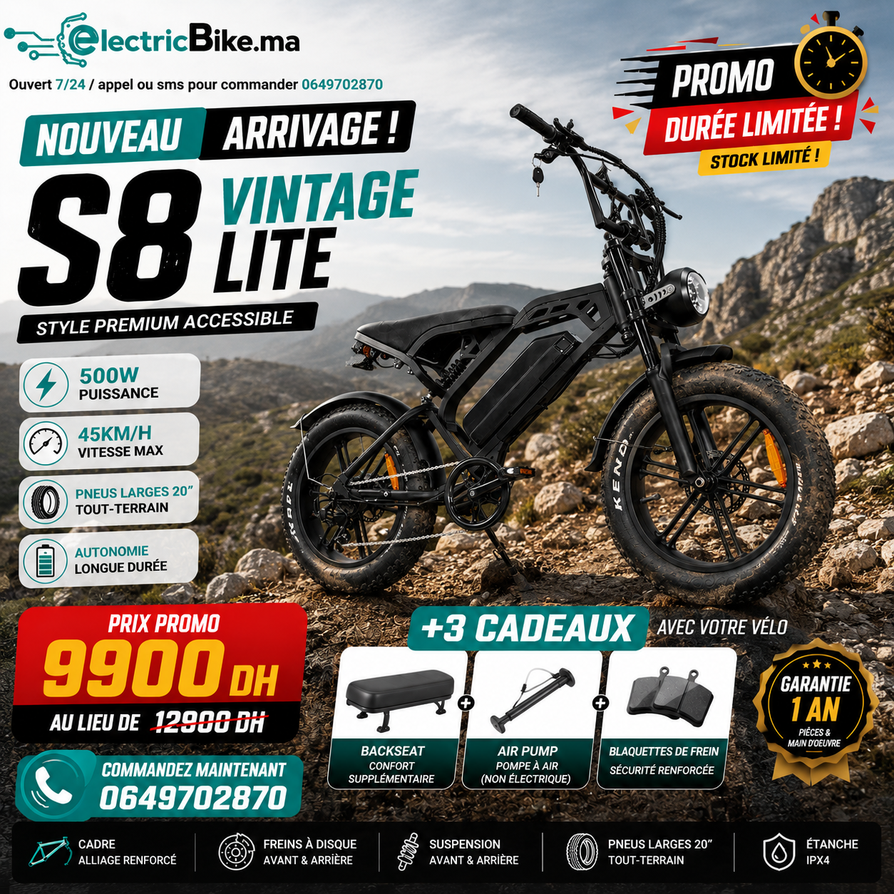 S8 Vintage Vélo électrique de route 500W, Ebike 48V 15Ah avec batterie au lithium amovible, autonomie de 50 km, pneu large tout-terrain de 20 pouces.