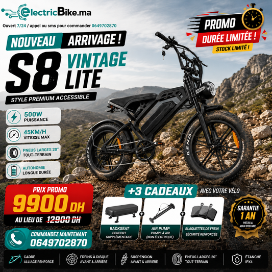 S8 Vintage Vélo électrique de route 500W, Ebike 48V 15Ah avec batterie au lithium amovible, autonomie de 50 km, pneu large tout-terrain de 20 pouces.